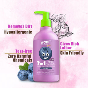 WOW Skin Science Kids Tip to Toe Wash - Shampoo - Conditioner - Body Wash - No Parabens, Sulphate, Silicones, Mineral Oil or Color - Blueberry - 300 ml - BuyWow