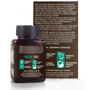 WOW Life Science Magnesium Citrate 500mg - 60 Vegetarian Capsules - BuyWow